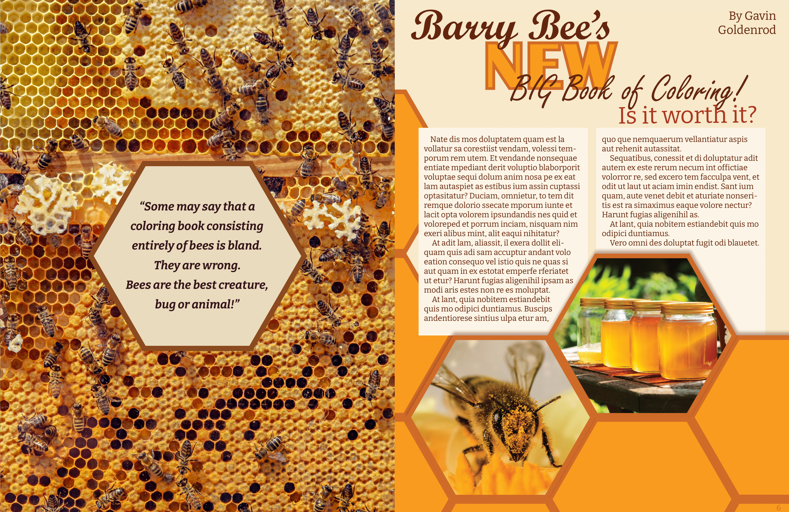 Two inner pages of the magazine. It features a review of a bee themed coloring book.